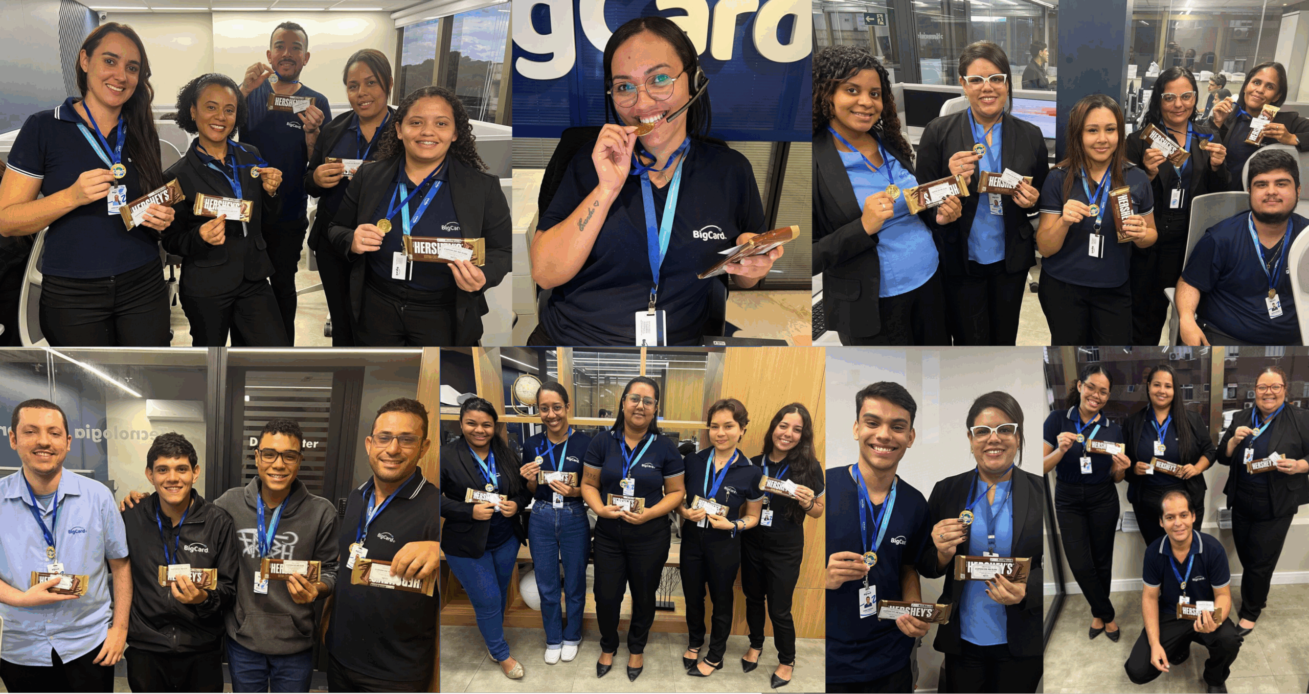 Colaboradores da BigCard do time Água comemoram a vitória na campanha EcoGames com medalhas, chocolates e sorrisos.
